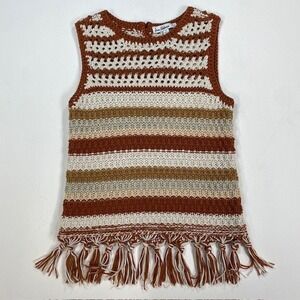 Womens Small Boho‎ Striped Crochet Knit Fringe Sleeveless Brown Top Sam Edelman
